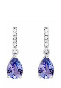 Silver drop earrings med päronformade lila ädelstenar, prydda med små, klara rhinestones på den övre delen.