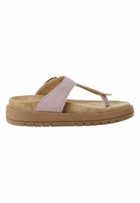 Gaiši rozā suede slidens sandales ar plakanu bēšas zoli, ar thong strapu dizainu un teksturētu zoli komfortam.