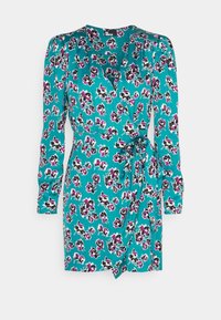 Türkises Kleid mit langen Ärmeln, floraler Musterung in Pink und Schwarz, Wickeldesign mit seitlichem Band, glatte Stoffqualität und leichtem Glanz.