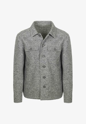 Gray felt jacket with a collared neck, button-front closure, two chest pockets, and long sleeves. Soft texture and classic design.