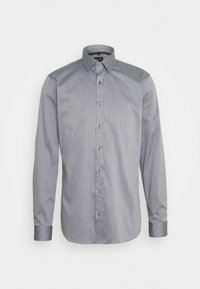Camicia grigia a maniche lunghe con bottoni, motivo a righe sottile, colletto e bottoni blu. Tessuto liscio con una finitura leggermente lucida.