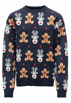 Maglione blu navy con motivo a maglia ripetuto di ominetti di pan di zenzero sorridenti, teste di renna bianche con nasi rossi e puntini rossi.