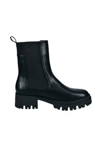 Schwarze Stiefeletten mit einem Obermaterial aus glattem Leder und elastischen seitlichen Einsätzen. Sie verfügen über eine klobige, gerillte Gummisohle und eine Zuglasche an der Rückseite.