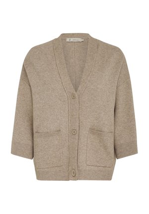 Beige knitted cardigan with a V-neck, three-quarter sleeves, button closure, and two front pockets. Soft texture and relaxed fit.