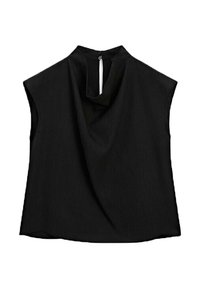 Black sleeveless top with a high neckline, featuring a back keyhole opening and soft, flowing fabric that drapes gently.