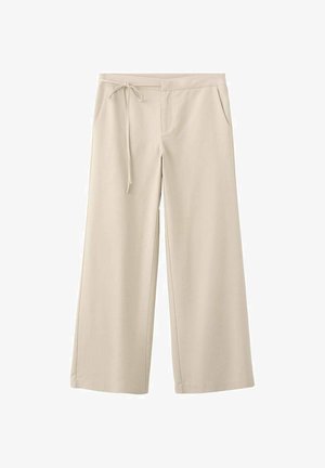 Beiget, leveälahkeiset housut, jotka on valmistettu pehmeästä kankaasta. Niissä on kiristysnauhallinen vyötärö, kaksi sivutaskua ja sileä, mattapintainen kangas.