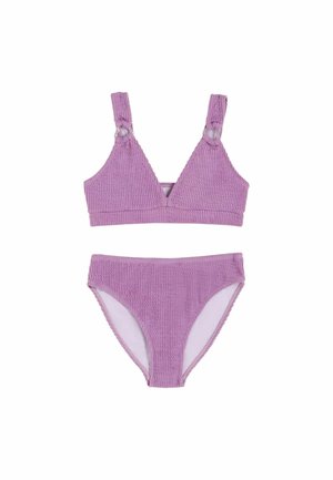 Fioletowy prążkowany komplet bikini z trójkątnym topem na regulowanych ramiączkach oraz dopasowanym, wysokim dołem bez szwów od środka.