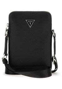 La borsa a tracolla sintetica nera presenta una finitura testurizzata, accessori in argento e un badge con logo triangolare. Include una tracolla regolabile.