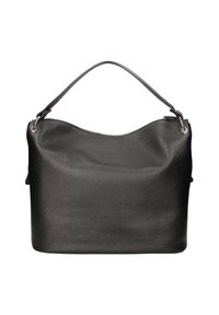 Borsa a spalla nera in pelle con superficie texturizzata, parte superiore curva e una sola tracolla. Presenta una chiusura con zip e un design minimalista.