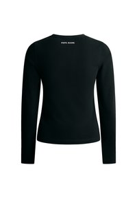 T-shirt noir à manches longues en coton avec un col rond. Il présente un logo blanc "PEPE JEANS" dans le haut du dos. Texture douce.
