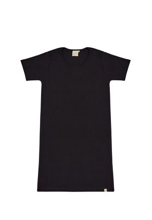 Schwarzes Kurzarmkleid aus geripptem Stoff, mit rundem Halsausschnitt und geradem Schnitt. Etikett am Saum.