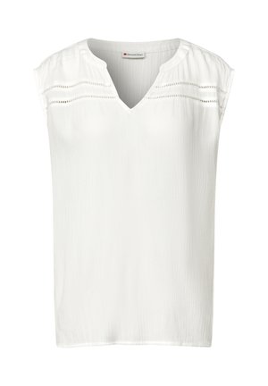 Blouse sans manches blanche avec un col en V, présentant un tissu texturé et des accents rayés horizontaux près des épaules. Fini lisse.