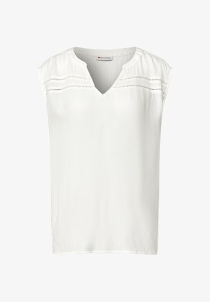 Weiße Bluse mit kurzen Ärmeln und V-Ausschnitt aus strukturiertem Stoff. Verfügt über horizontale Nahtdetails über der Brust.