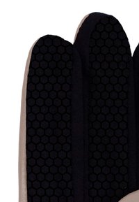 Black glove fingers with hexagonal grip pattern on a beige background, showing textured anti-slip design on palm side.