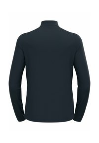 Langärmliges, hochgeschlossenes Shirt aus dunkelblauem Stoff. Glatte Textur, enganliegendes Design mit nahtlosen Schultern und taillierten Manschetten.