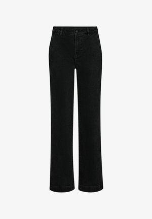 Zwarte denim wijd uitgesneden broek met een hoge taille, knoop sluiting en klassiek vijf-pocket ontwerp. De stof heeft een gladde, matte textuur.