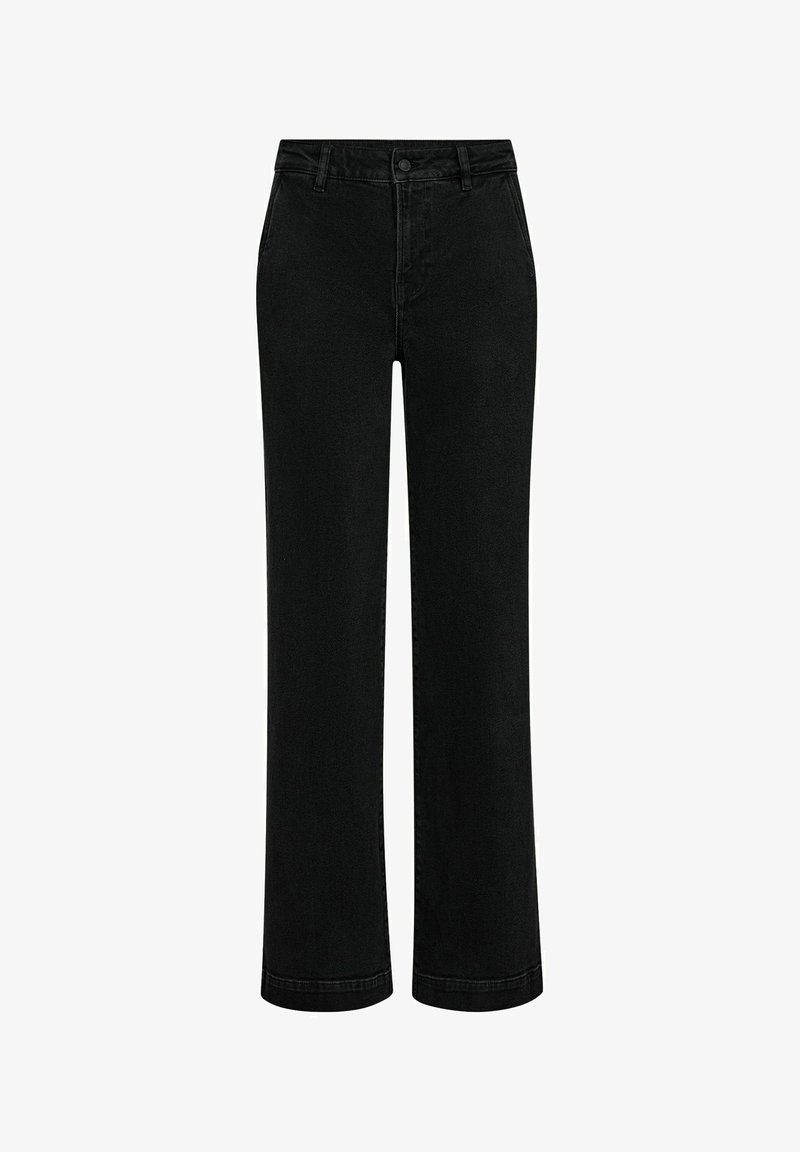 Pantaloni larghi in denim nero con vita alta, chiusura con bottone e classico design a cinque tasche. Il tessuto ha una superficie liscia e opaca.