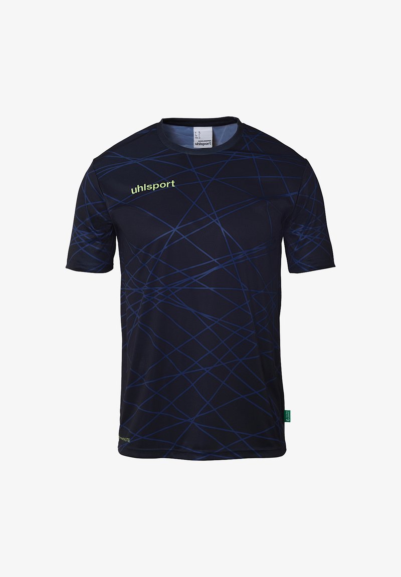 Mørk marineblå kortærmet sportskjorte med et geometrisk linjemønster i lysere blå. Har et grønt logo på brystet. Lavet af åndbart materiale.