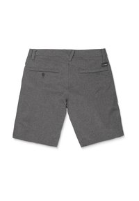 Gray shorts made from a woven fabric, featuring two back pockets with a single button and a waistband label. Flat front design.