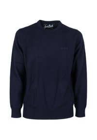 Maglione blu navy realizzato in morbido tessuto, con scollatura tonda e polsini e orlo a coste. Logo del marchio discreto sul davanti.