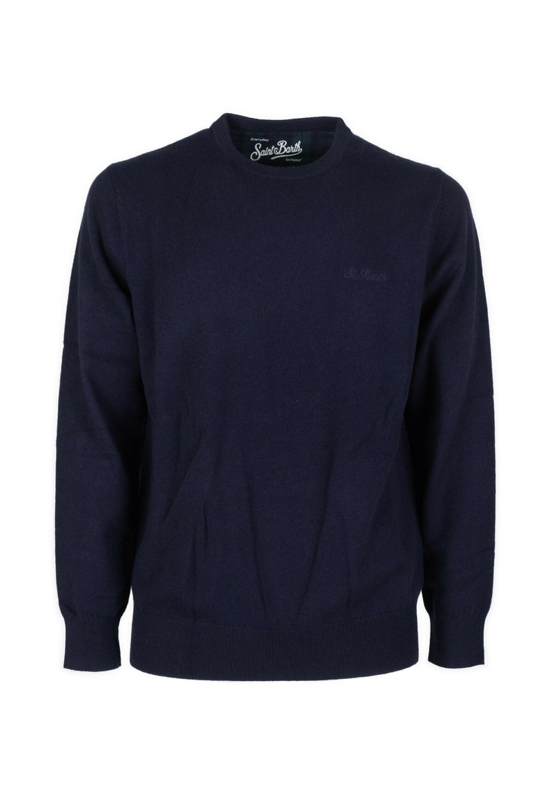 Maglione blu navy realizzato in morbido tessuto, con scollatura tonda e polsini e orlo a coste. Logo del marchio discreto sul davanti.