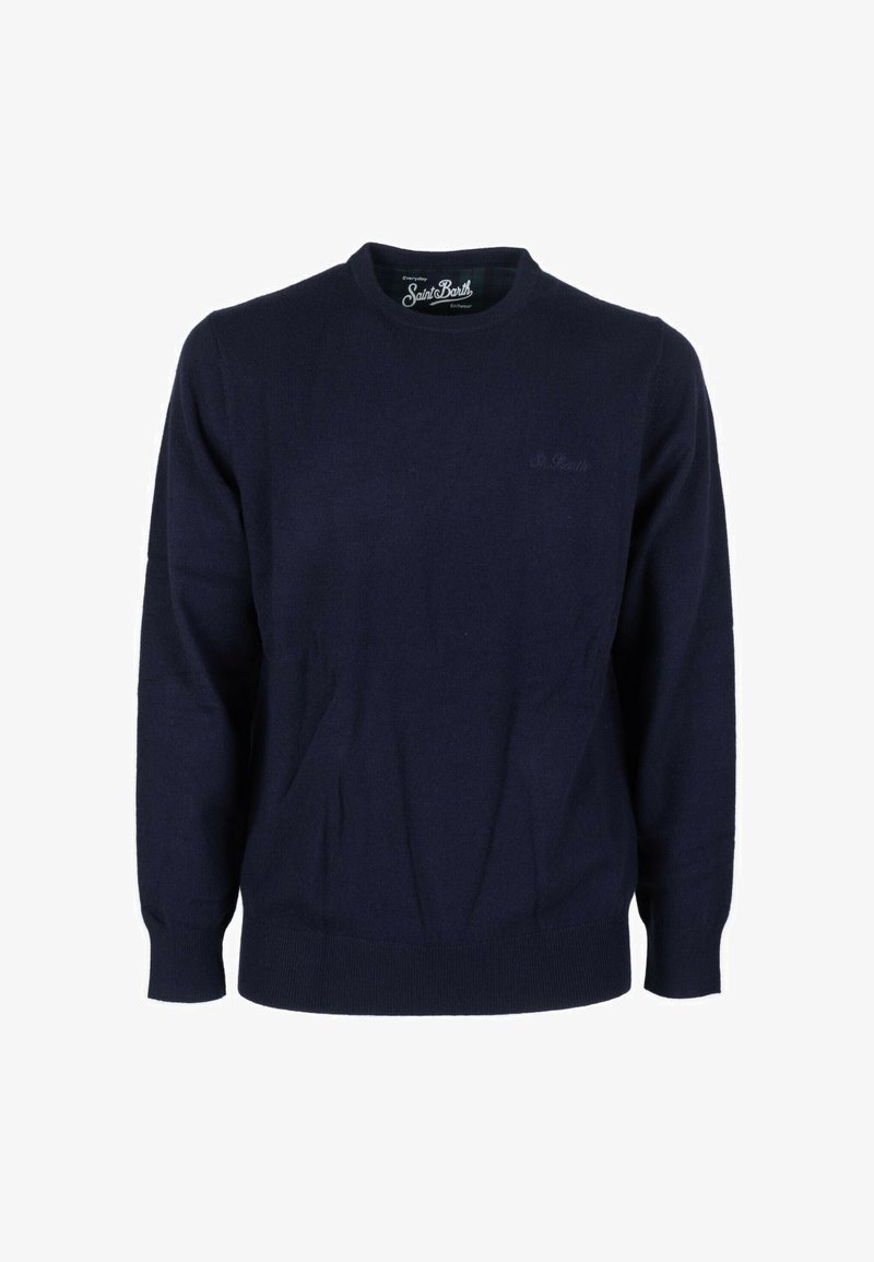 Maglione blu navy realizzato in morbido tessuto, con scollatura tonda e polsini e orlo a coste. Logo del marchio discreto sul davanti.