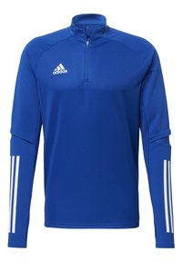 Blå atletisk half-zip pullover med en struktureret front, hvid Adidas-logo og tre hvide striber langs hver ærme.