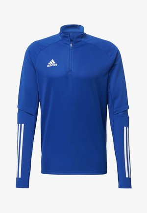 Pullover atletico blu con mezza zip, frontale texturizzato, logo Adidas bianco e tre strisce bianche che scorrono lungo ciascuna manica.
