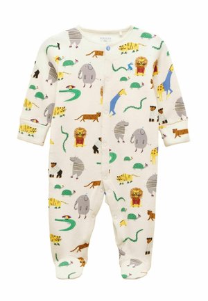 Biele dojčenské body s cvokmi, zdobené farebnými kreslenými zvieratkami, vrátane levov, slonov, žiráf, tigrov a hadov.