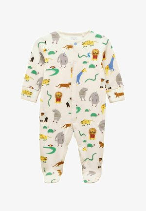Body alb pentru bebeluși cu capse, având imprimeu cu animale de desene animate colorate, inclusiv lei, elefanți, girafe, tigri și șerpi.