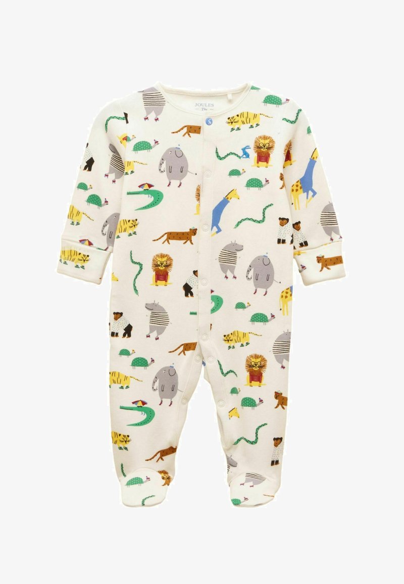 Body blanc pour bébé avec boutons-pression, présentant des animaux de dessin animé colorés, dont des lions, éléphants, girafes, tigres et serpents.
