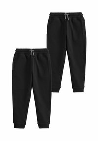 Zwarte sweatpants met een trekkoord in de taille, twee zijzakken, taps toelopende boorden en zachte, textielachtige stof. Naadloos ontwerp en minimale accenten.