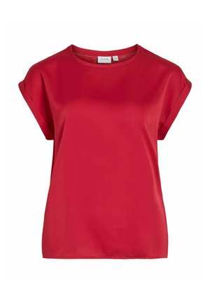 Top rosso a maniche corte con scollatura rotonda, realizzato in tessuto morbido. Presenta risvolti sulle maniche e una vestibilità morbida. Senza motivi o decori.