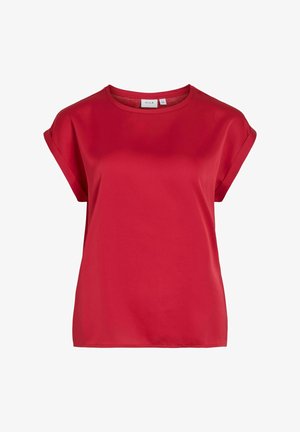 Rød, kortermet topp med rund halslinning, laget av glatt stoff. Har rullede ermekanter og en avslappet passform. Ingen mønstre eller detaljer.