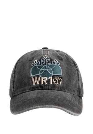 Versleten zwarte baseballpet met geborduurd blauw-wit ontwerp, tekst ""WR1"" en een klein rond logo vooraan in het midden.