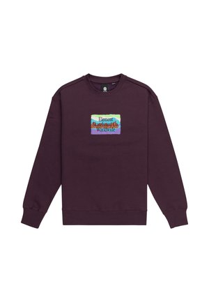 Maglione girocollo viola con una grafica rettangolare che presenta strati verdi, blu e marroni e il testo "Element Skateboard Co. Worldwide".