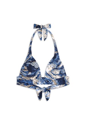 Modrý, biely a béžový vzorovaný horný diel bikín so zaväzovaním na krku a chrbte na bielom pozadí.