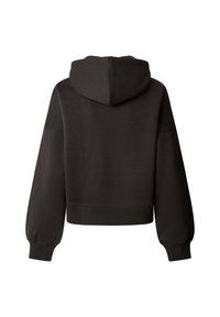 Felpa nera ritagliata con cappuccio con coulisse, maniche lunghe larghe e polsini a costine. Tessuto liscio, dettagli minimi sul retro.