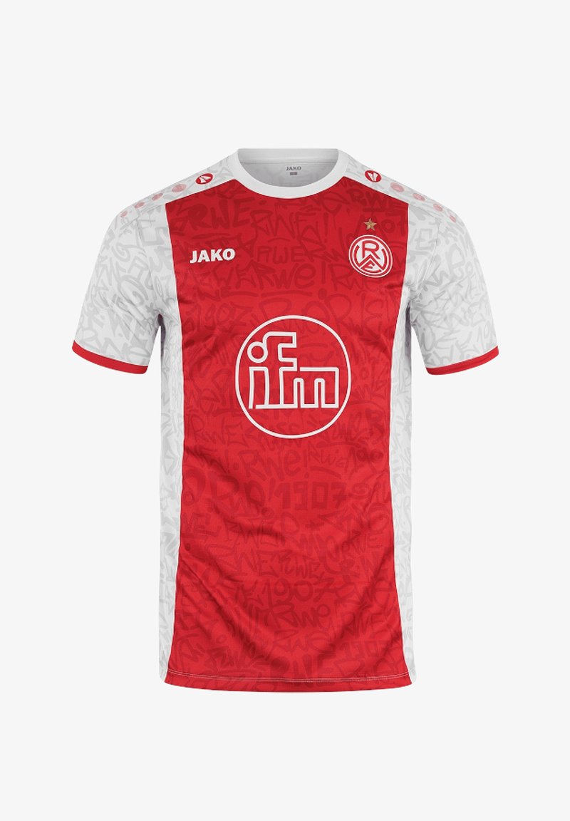 Rotes und weißes Fußballtrikot mit kurzen Ärmeln. Verfügt über einen runden Ausschnitt, ein Logo auf der Brust und ein grafisches Muster auf einer Seite.