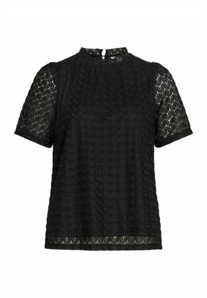 Blouse noire à manches courtes, en tissu texturé avec motif, et col rond. Fermeture au dos avec une petite boucle.