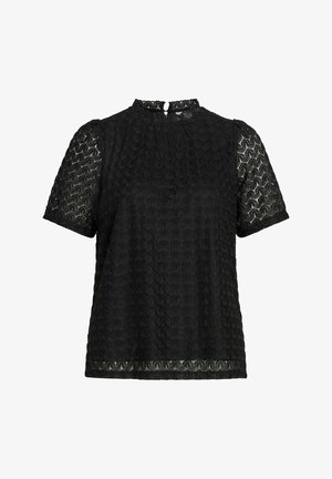 Blouse noire à manches courtes, en tissu texturé avec motif, et col rond. Fermeture au dos avec une petite boucle.