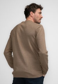 Bruin gebreid sweatshirt met lange mouwen, ronde hals en ribgebreide zoom. Het materiaal heeft een gladde textuur met subtiele details langs de naden.