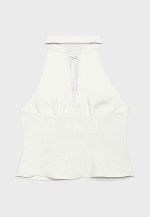 Biała, bezrękawnikowa bluzka na szyję z dekoltem w kształcie oczka i wiązaniem, z dopasowaną talią i lekko rozszerzanym dołem.