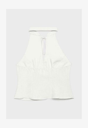 Bílý halter top bez rukávů s průstřihem u krku a zavazováním, se zužujícím se pasem a mírně rozšířeným lemem.