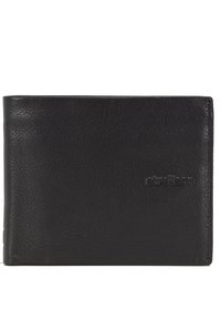Cartera de cuero negro con un acabado texturizado, diseño de doble pliegue, logotipo estampado en la parte frontal y costuras bien hechas alrededor de los bordes.