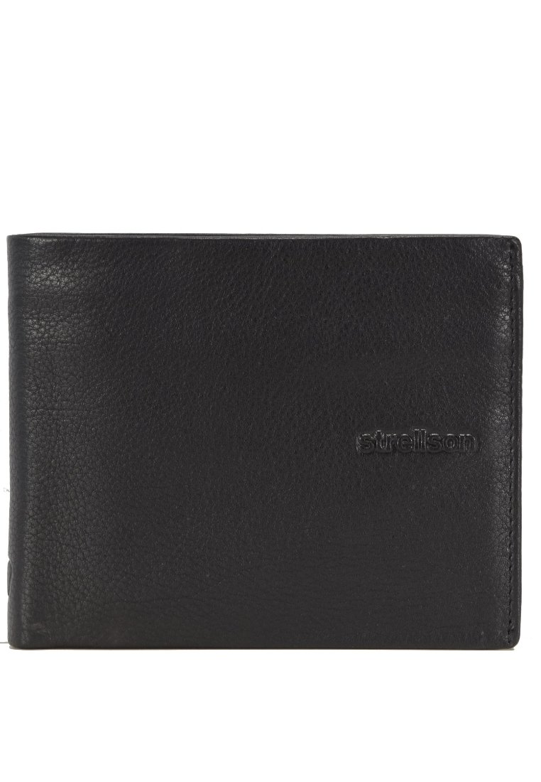 Cartera de cuero negro con un acabado texturizado, diseño de doble pliegue, logotipo estampado en la parte frontal y costuras bien hechas alrededor de los bordes.