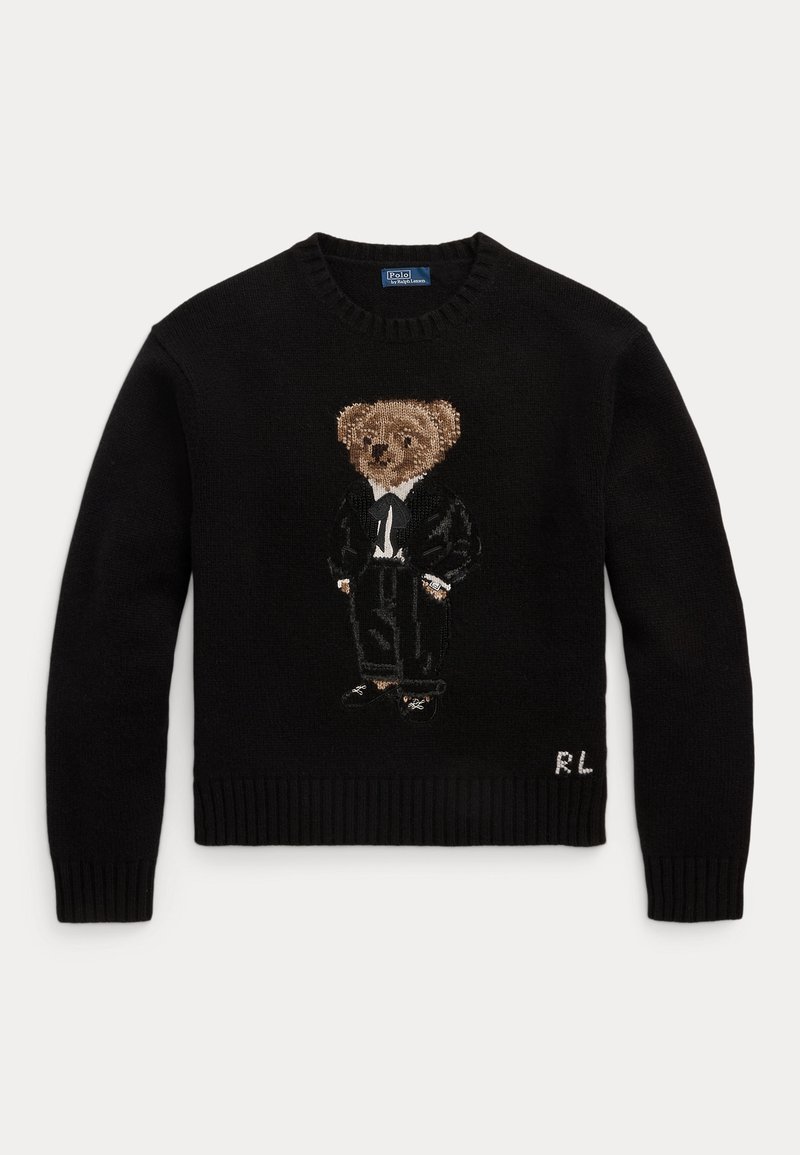 Pull noir avec un ours en peluche tricoté portant un costume noir et une cravate au centre, et les initiales "RL" près de l'ourlet inférieur.