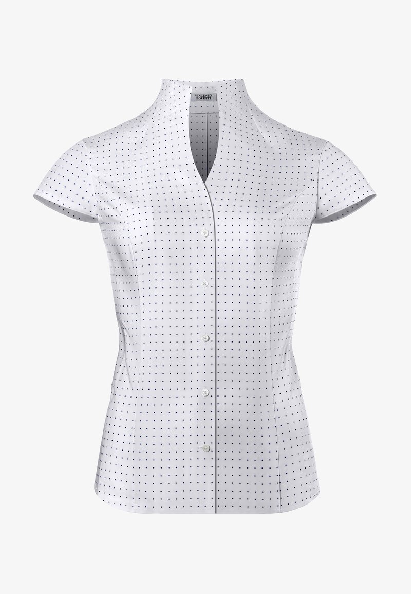 Camicia bianca a maniche corte con colletto alla cinese. Presenta un motivo di piccoli punti blu navy, chiusura con bottoni sul davanti e una vestibilità slim.