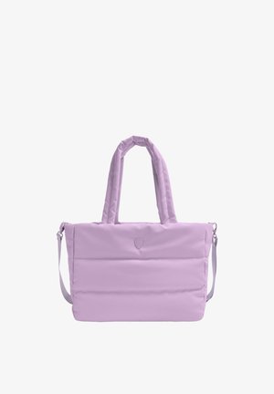 Lavender quilted tote bag with padded handles, detachable shoulder strap, and small centered embossed logo on front.