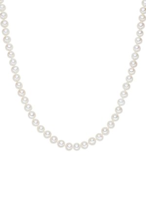 Pearl necklace featuring evenly spaced, round, white pearls with a glossy finish and a smooth texture, designed for classic elegance.